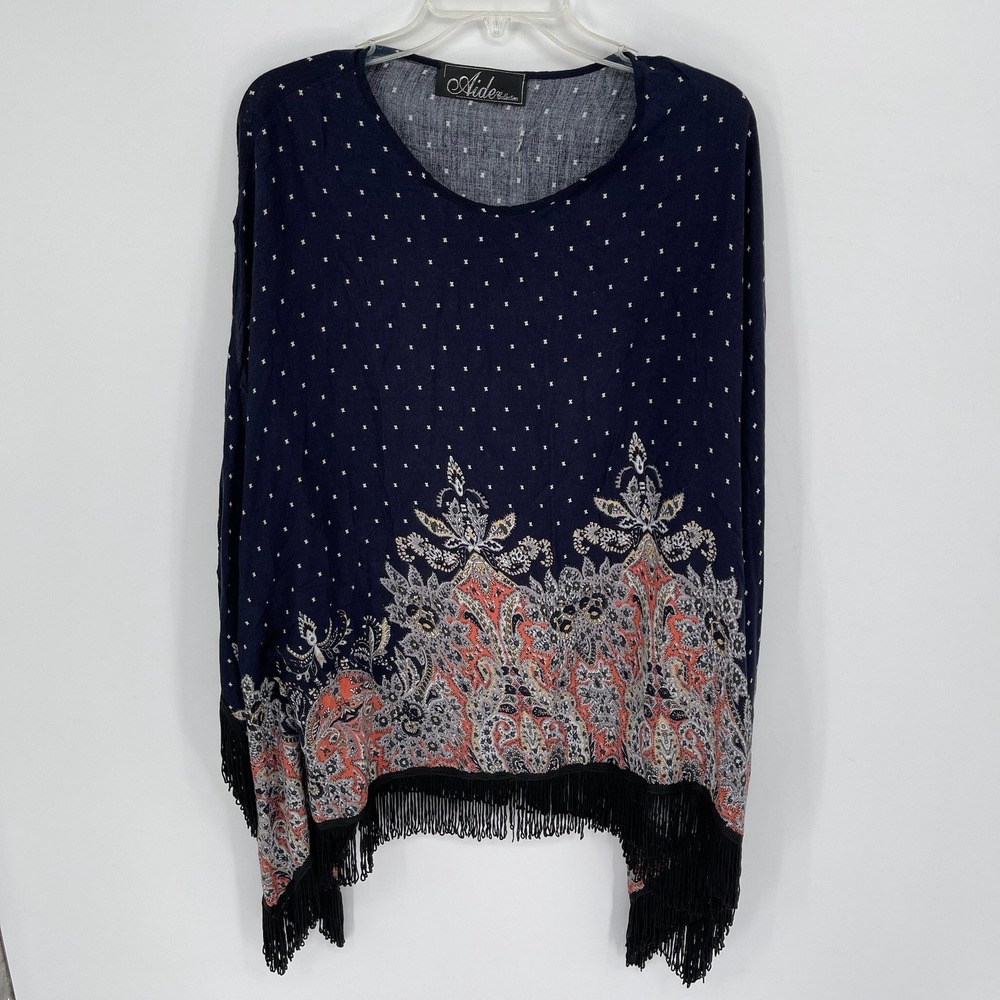 Aide‎ Collection Women's Navy Paisley Fringe Hem Poncho Top Size 14
